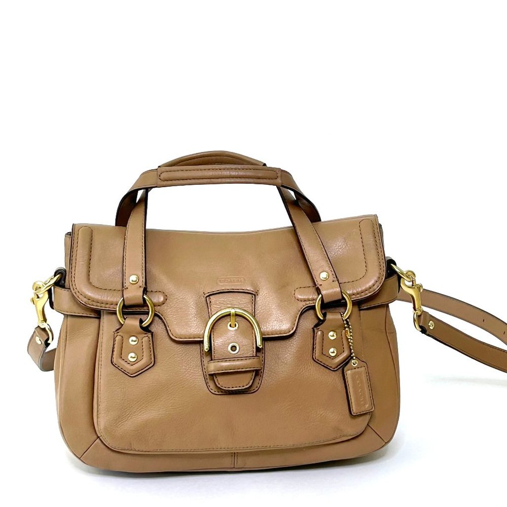 Coach Campbell Leather Flap Satchel Tan Camel